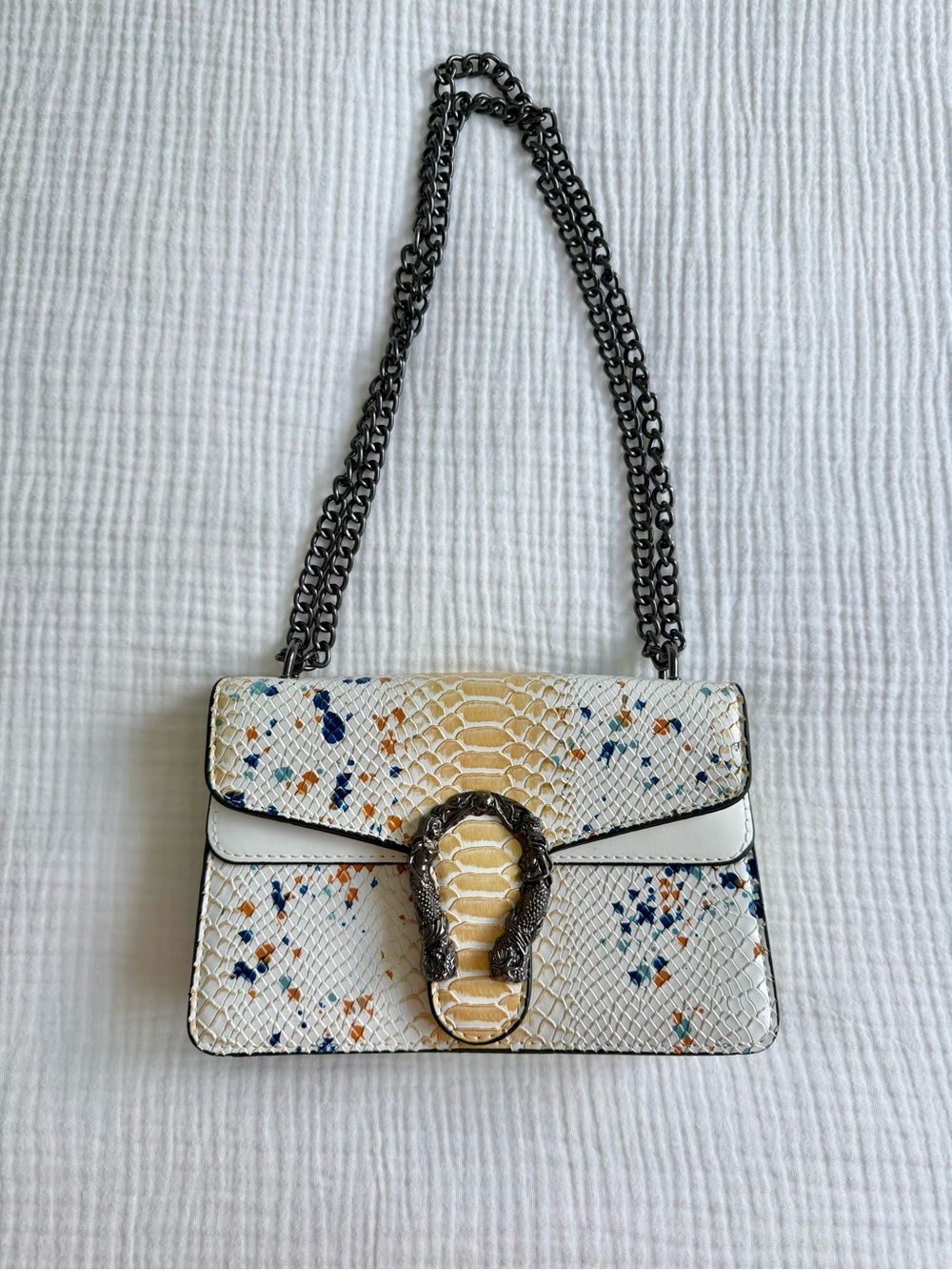 White Multicolor Snake-Embossed Leather Shoulder Bag